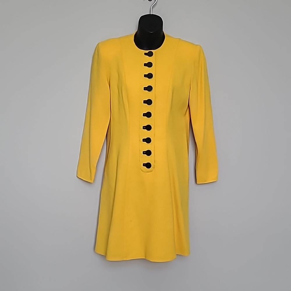 Vintage Chetta B Yellow Long Sleeve Dress 100% Wool Black buttons size 2